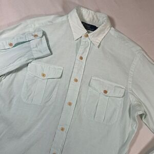 Polo Ralph Lauren Mint Green Linen Blend Utility Shirt Contrast Collar Mens S